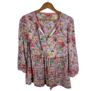Joules Daria Floral Eyelet Embroidered Blouse‎ Size 14 Colorful Cottagecore Chic
